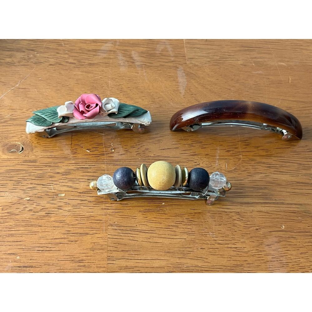 VTG Barrette Hair Clip Lot of 3 Rose Wooden Bead Faux Shell 80s 90s Cottage Core